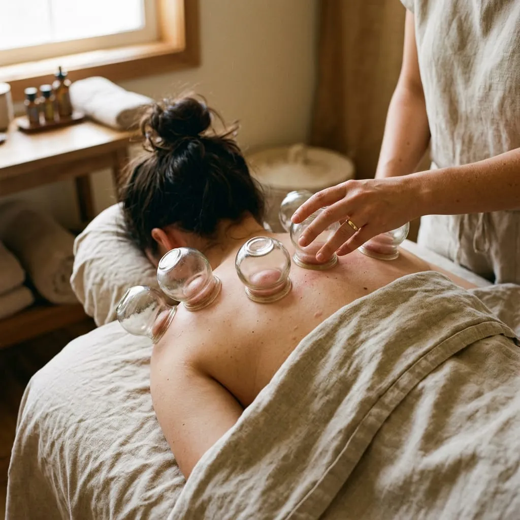 Glass cups holding suction on a woman's upper back during a cupping therapy session, the skin inside each cup turning pink