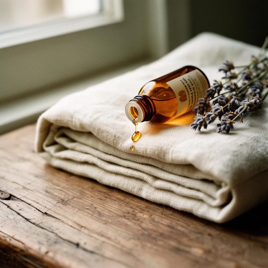 Amber bottle of essential oil dripping onto folded towels beside dried lavender