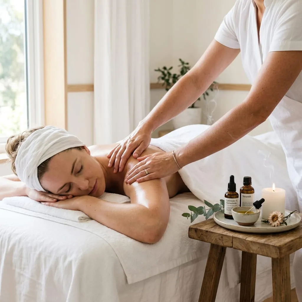 A woman resting with her eyes closed during a relaxation massage, with essential oils and a candle on the side table