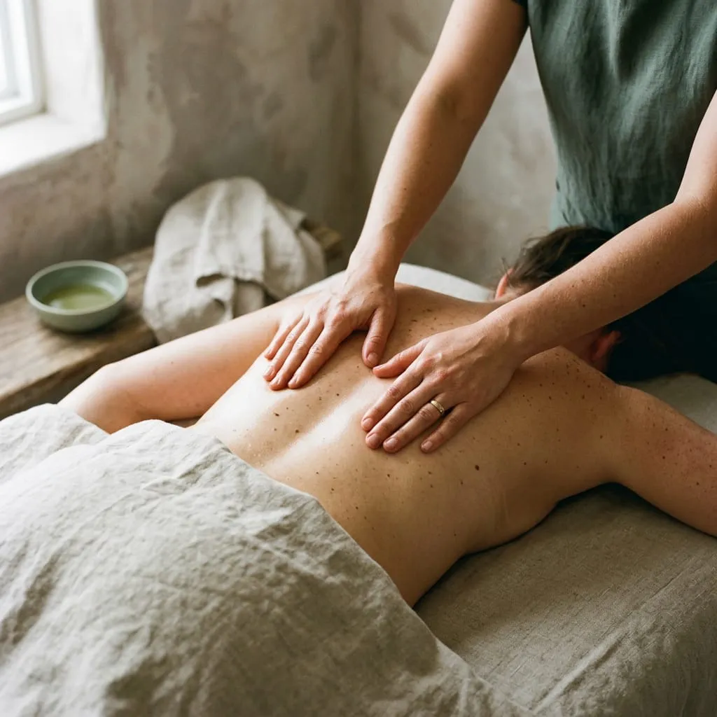 Therapist's hands working along a client's upper back during a massage for back pain