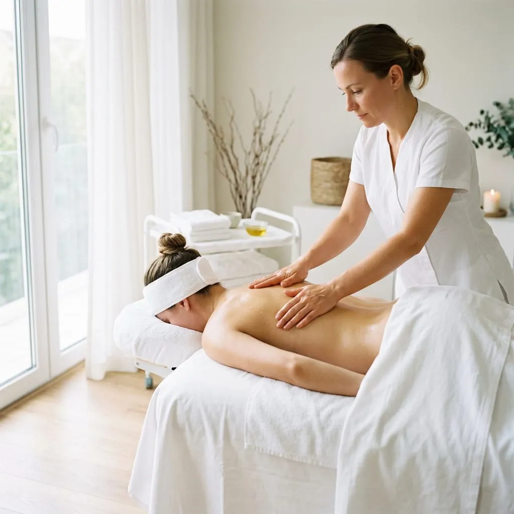 A therapist starts a slow back massage for stress relief in a bright, quiet room