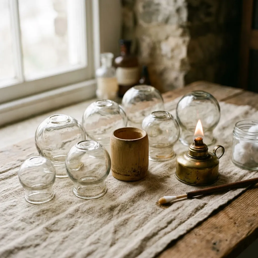 Glass and bamboo cupping cups, a small flame lamp and cotton swabs laid out on a linen cloth, the tools of fire cupping therapy