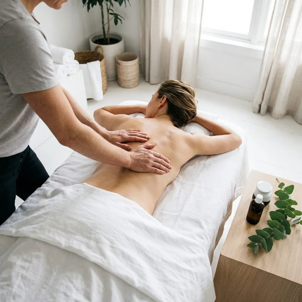 Massage therapist working on a client's lower back in a bright room with eucalyptus beside the table