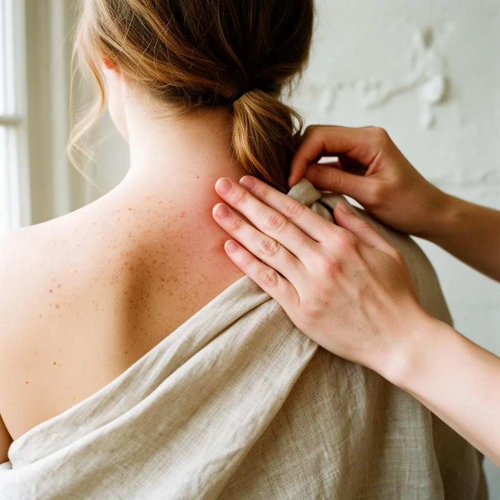 Fingertips working the side of the neck above a linen-draped shoulder, the area gentle self-massage targets for tension headache relief