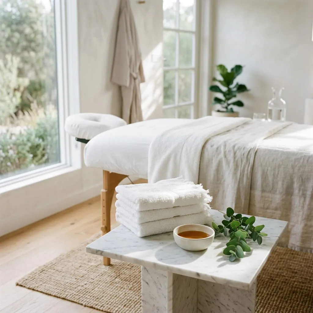 A quiet massage room with the table made up, folded towels and eucalyptus on a side table