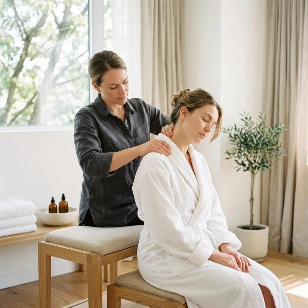 A therapist presses her hands into the neck and shoulders of a seated client in a white robe, the kind of hands-on pressure tui na uses