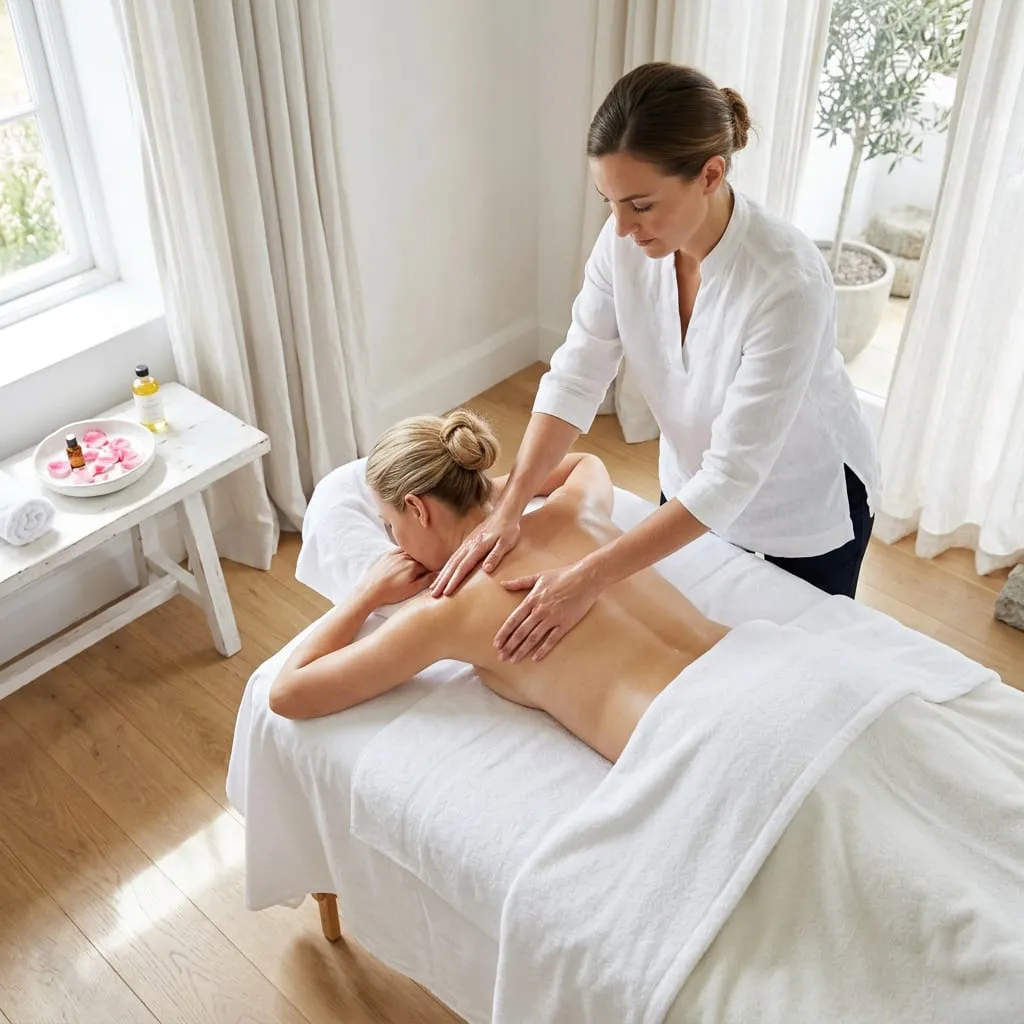 A therapist working both hands across a guest's upper back on a white-draped massage table in a bright, curtained room