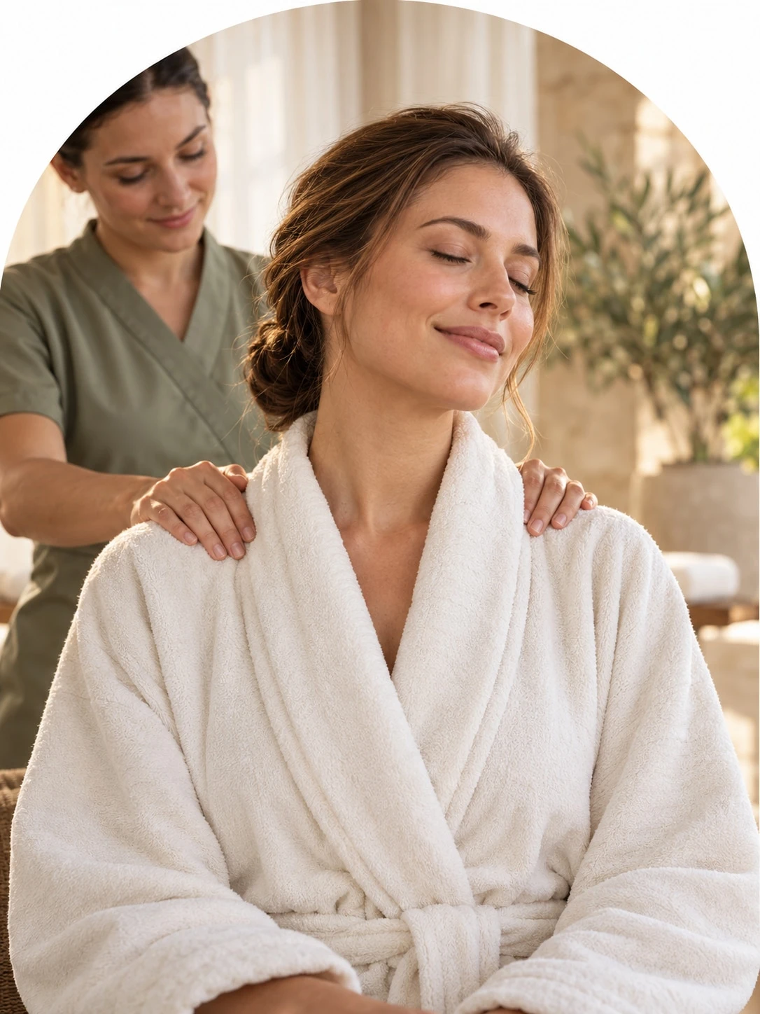 A smiling guest in an ivory robe enjoying a professional shoulder massage in warm natural light