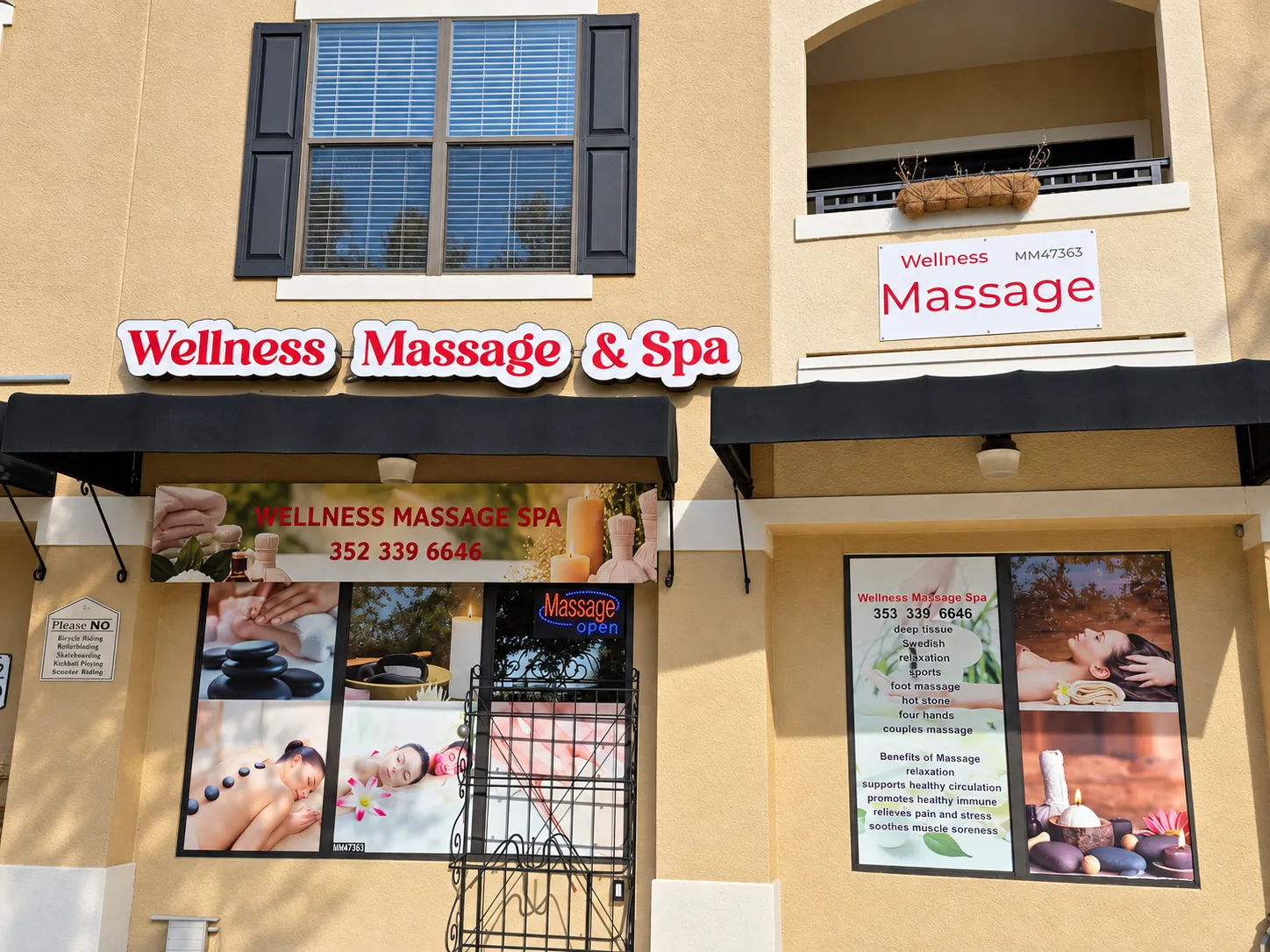Wellness Massage & Spa sign above the storefront at 5750 SW 75th Ct in Gainesville, FL