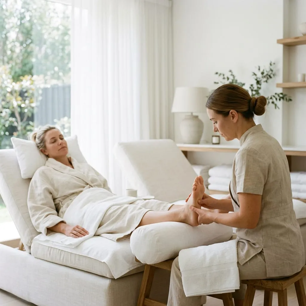Guest reclining while a therapist massages her feet