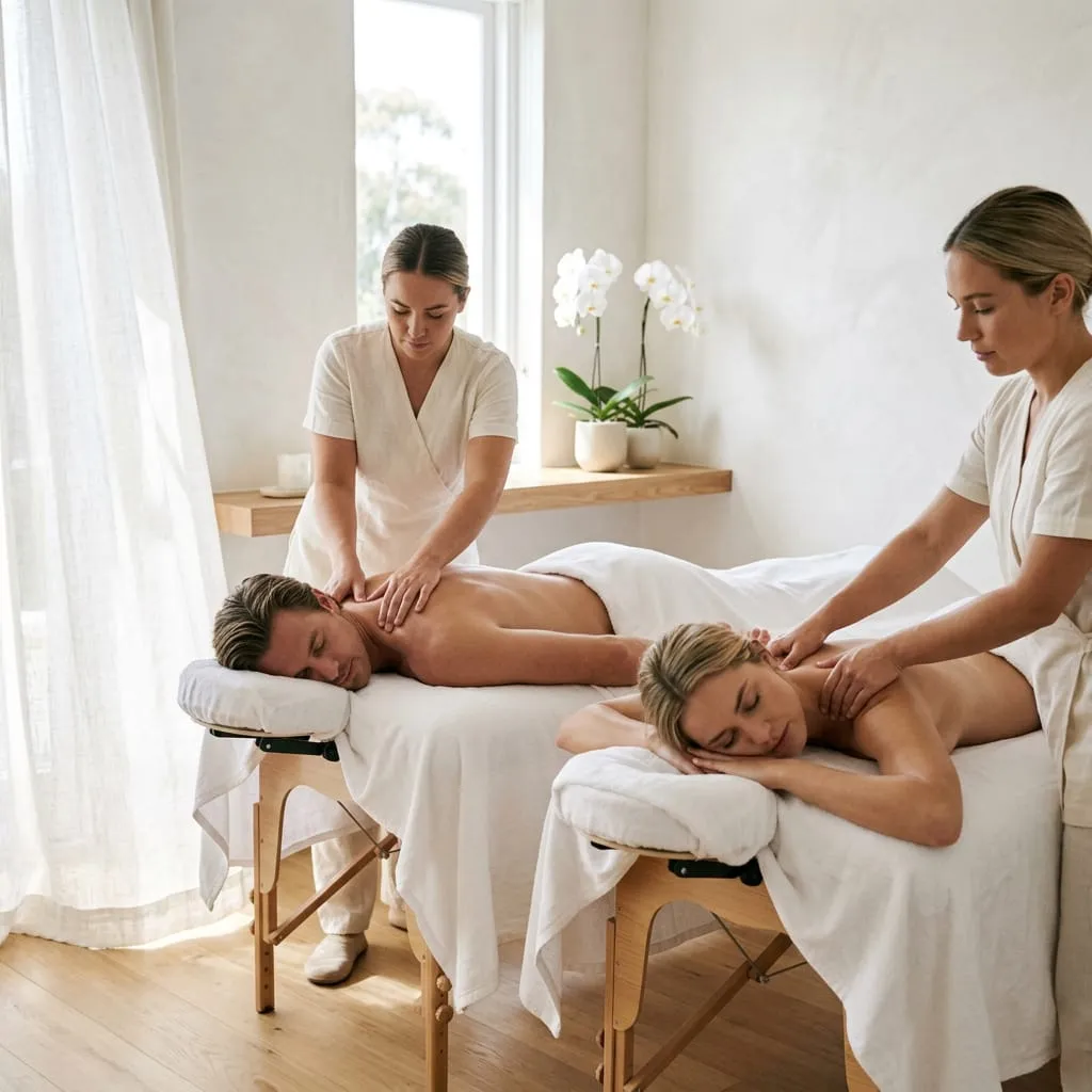 Two guests on side-by-side tables, each with a therapist, in a couples massage
