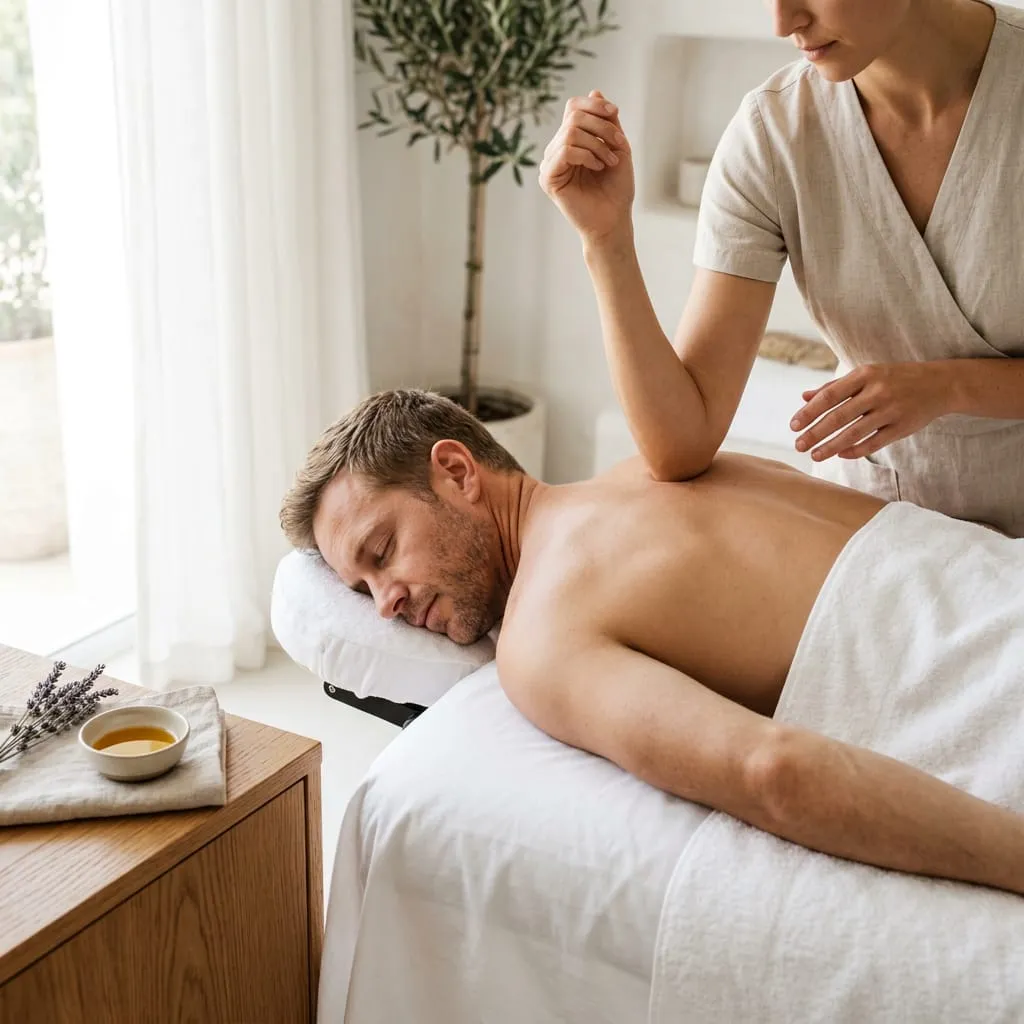 Therapist working a man's upper back with her forearm during a deep tissue massage