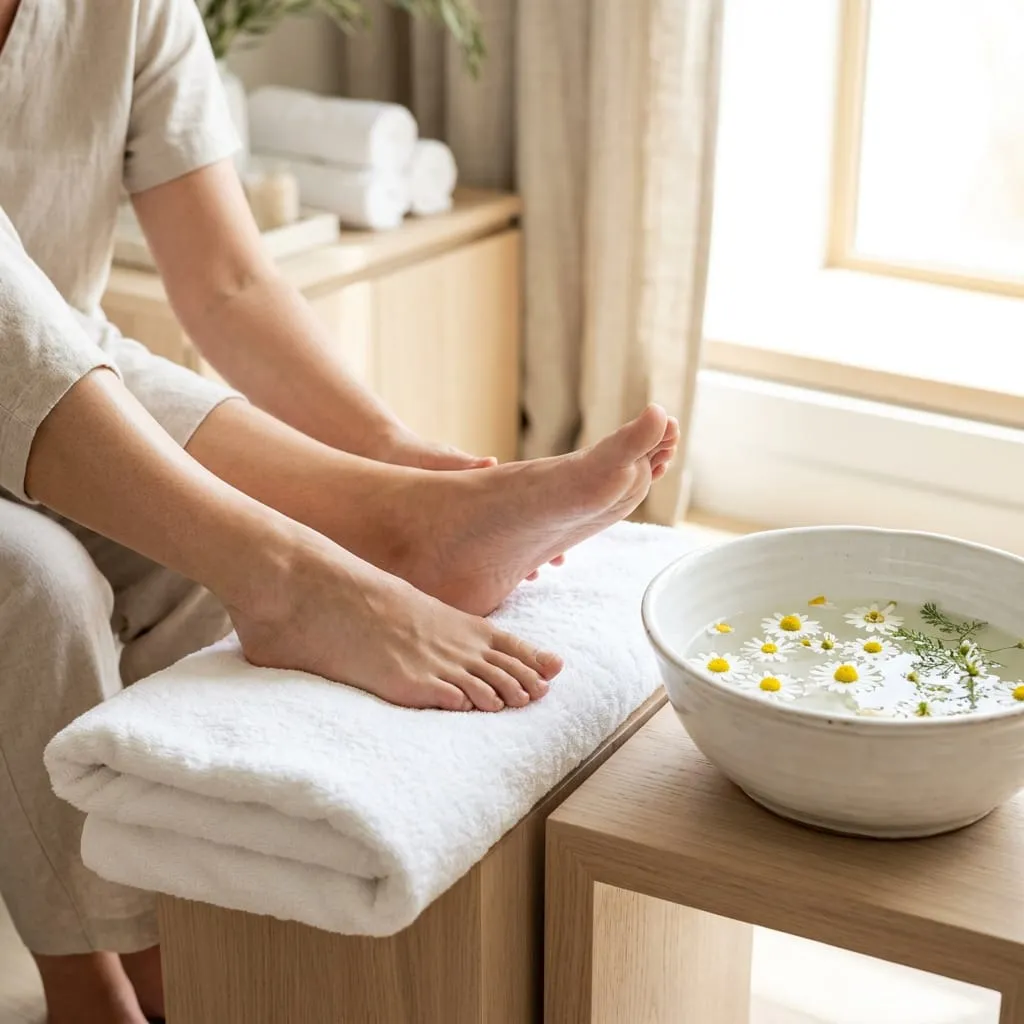 Feet resting on a towel beside a bowl of flower-scented soaking water