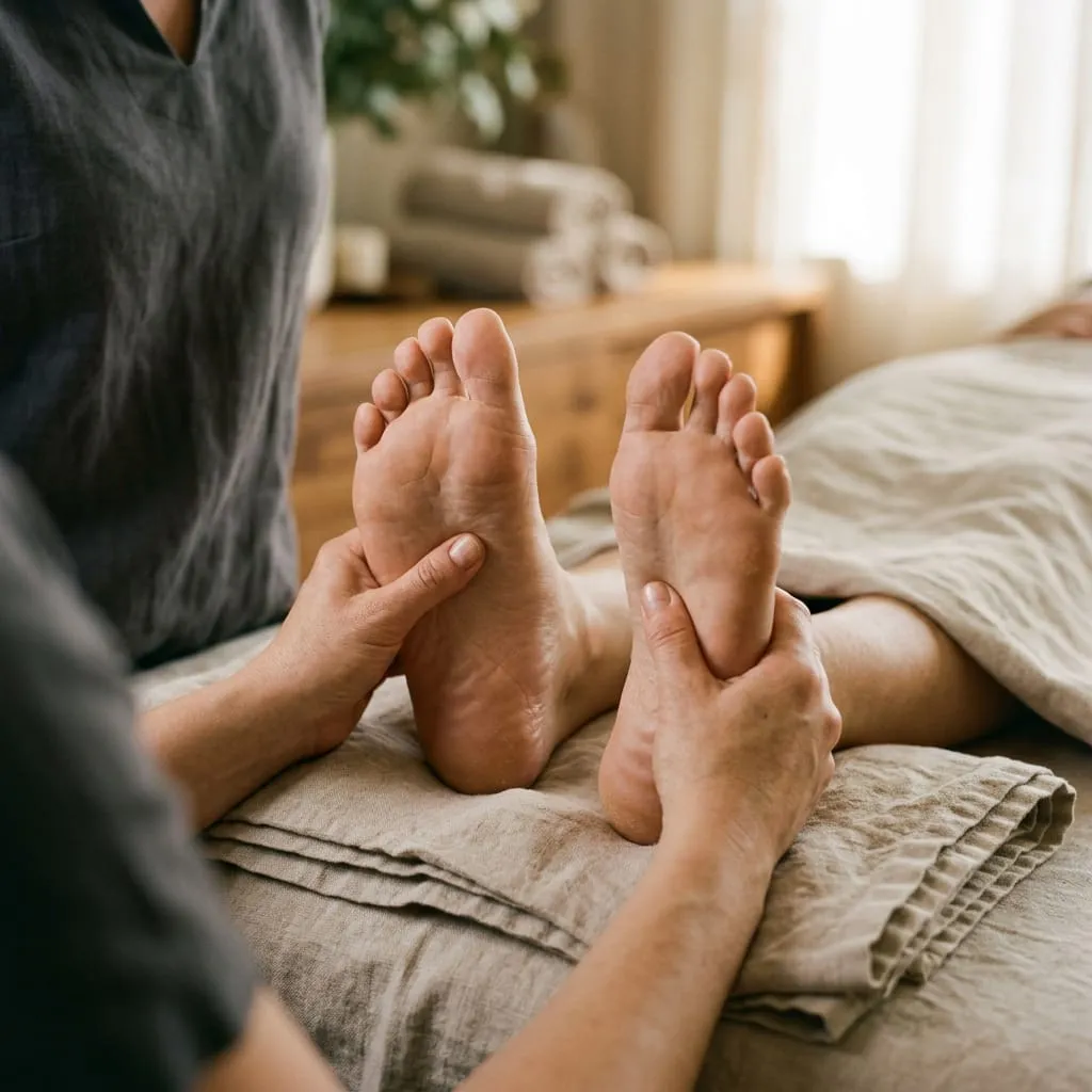 Thumbs pressing into the soles of both feet in a reflexology massage