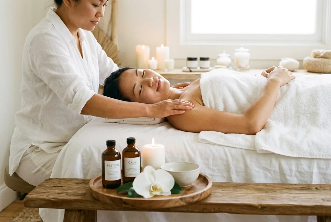 Woman lying face up with eyes closed while a therapist massages her shoulders
