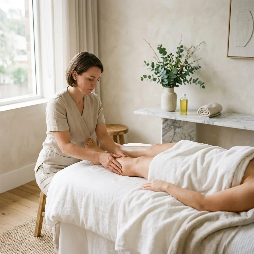 Therapist massaging the back of a client's leg in a sports massage